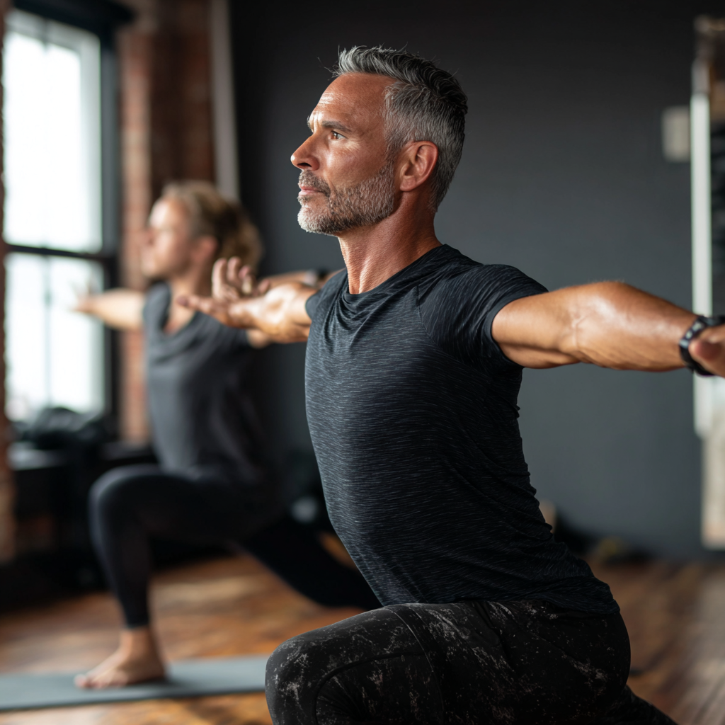 51 years old professionals practicing functional movement patterns in a contemporary fitness space
