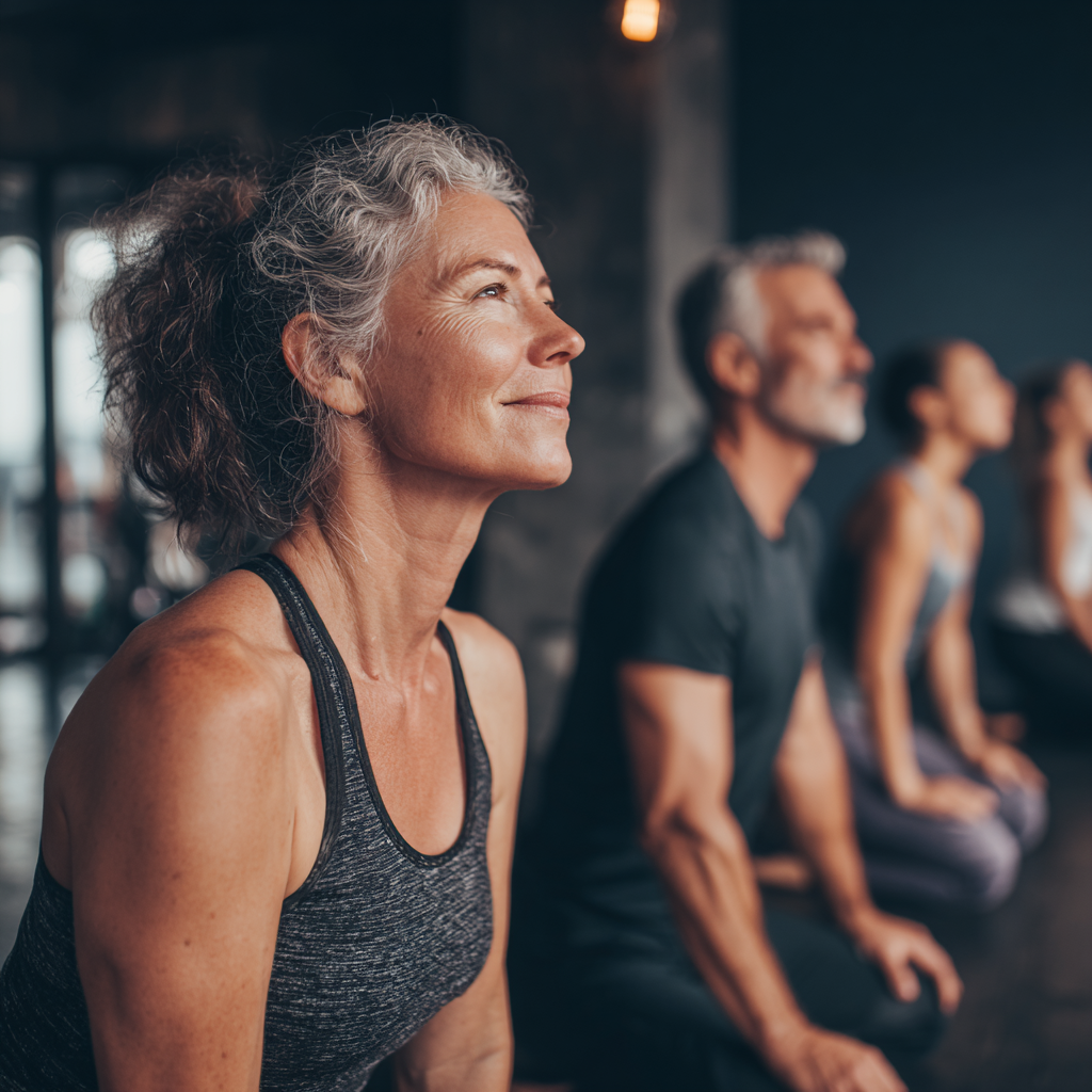 Professional 50 years old adults engaging in diverse fitness activities in a modern studio