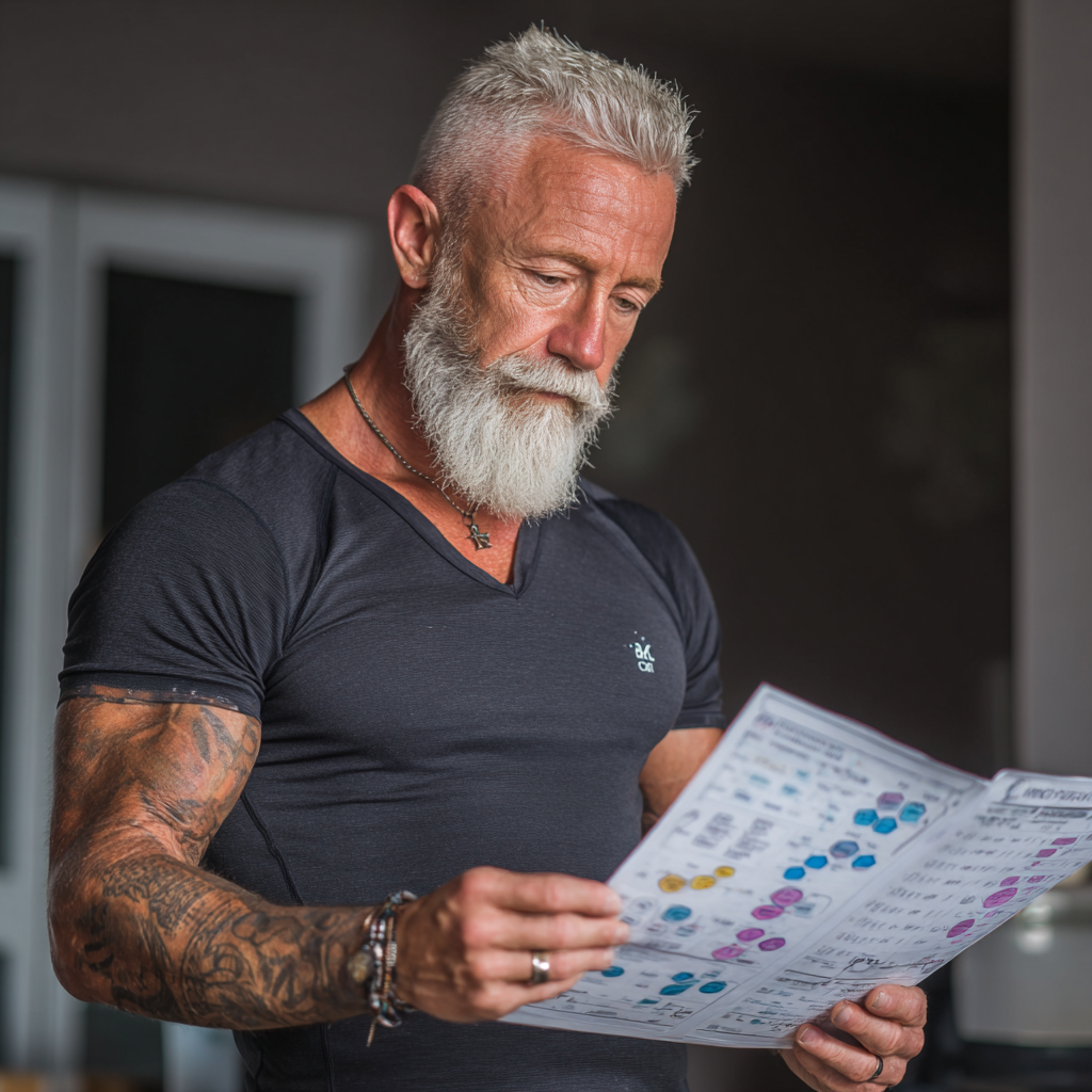 Professional 53 years old fitness consultant reviewing client progress charts